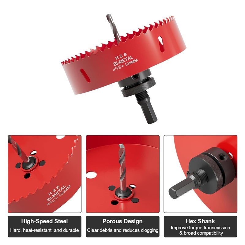 FIVELAKE 4-29/32"(125mm) M42 Bi-Metal Hole Saw, Hex Shank Hole Saw Drill Bit with Spring Tools for Wood, Plywood, Plastic, Gypsum Board, Various Thin Metal Sheets - Image 2